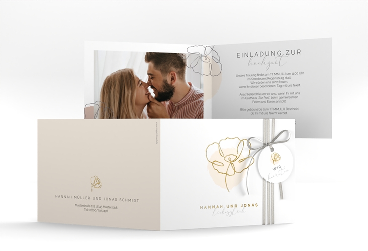 Hochzeitseinladung Flowerline A6 Klappkarte quer apricot gold