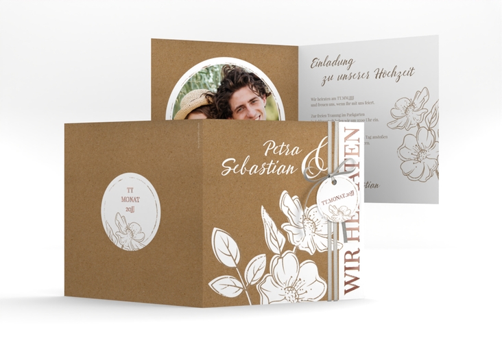 Hochzeitseinladung Windflower quadr. Klappkarte Kraftpapier rosegold mit Wildrosen