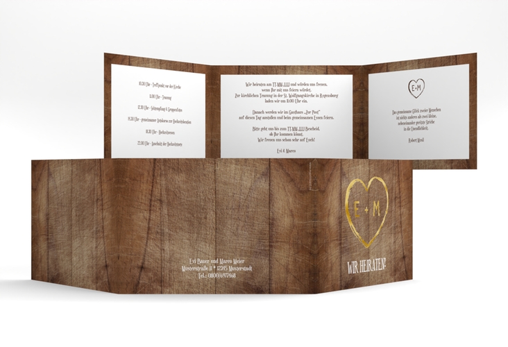 Hochzeitseinladung Wood A6 Doppel-Klappkarte gold