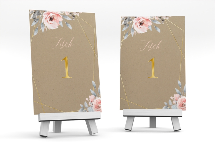 Tischnummer Hochzeit Perfection Tischaufsteller Kraftpapier gold mit rosa Rosen