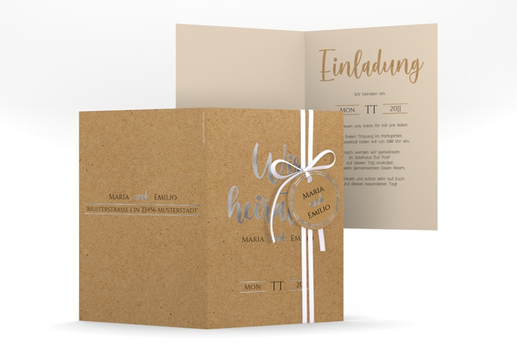 Einladungskarte Hochzeit Noble A6 Klappkarte hoch Kraftpapier silber mit elegantem Schriftzug