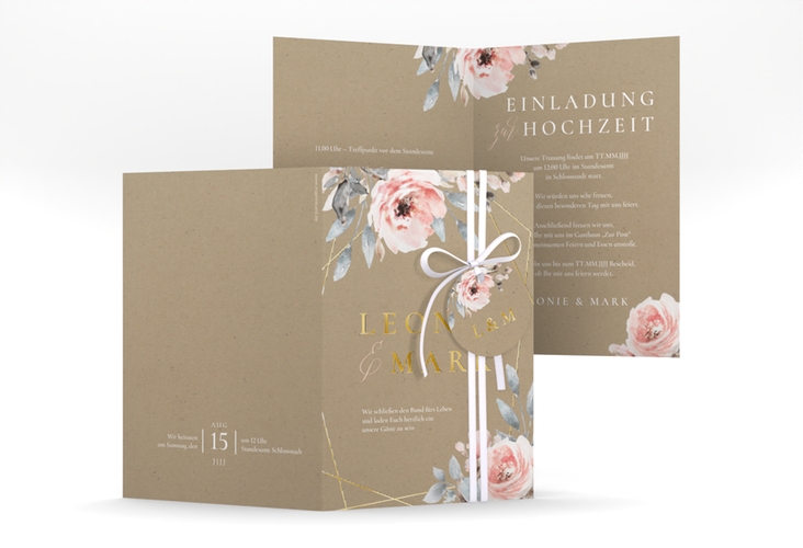 Einladungskarte Hochzeit Perfection A6 Klappkarte hoch Kraftpapier gold mit rosa Rosen