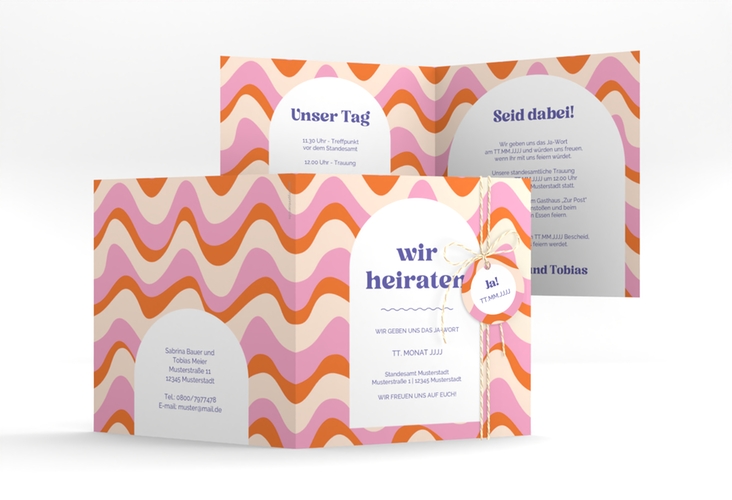 Hochzeitseinladung Retrovibes quadr. Klappkarte im 70er Jahre Psychedelic-Design