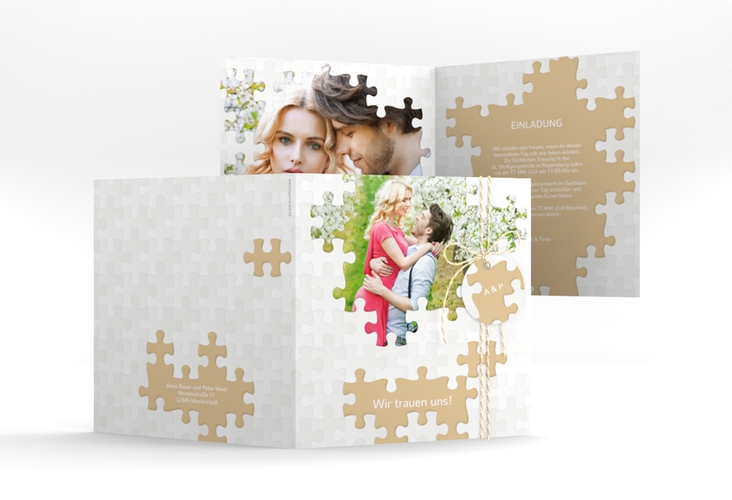 Hochzeitseinladung Puzzle quadr. Klappkarte beige