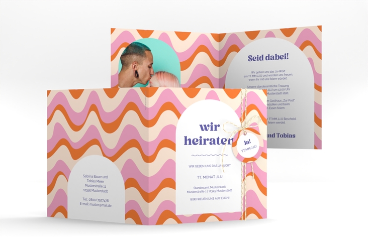 Hochzeitseinladung Retrovibes quadr. Klappkarte hochglanz im 70er Jahre Psychedelic-Design