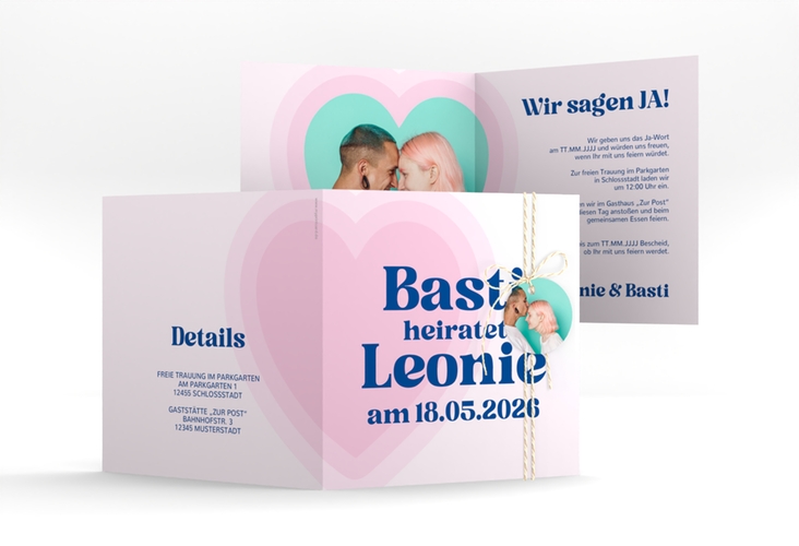 Hochzeitseinladung Retroherz quadr. Klappkarte rosa