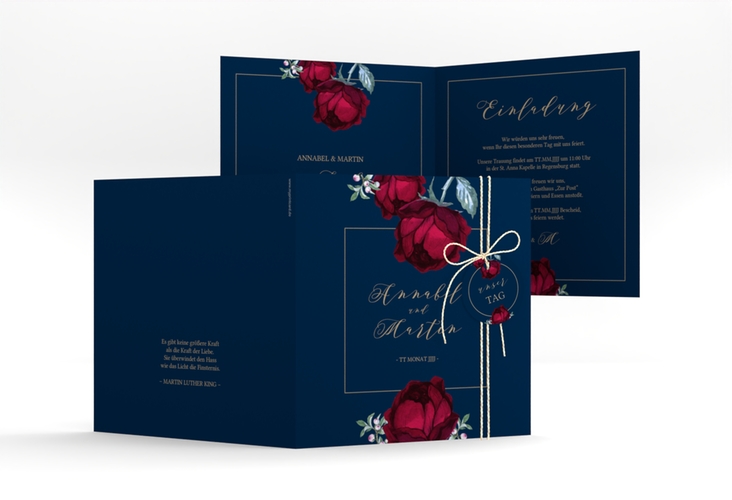 Hochzeitseinladung Peonies quadr. Klappkarte blau elegant mit Pfingstrosen