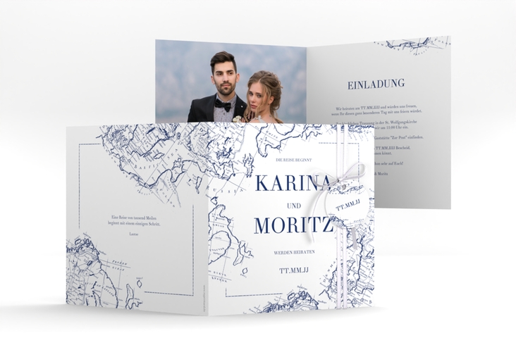 Hochzeitseinladung Voyage quadr. Klappkarte blau