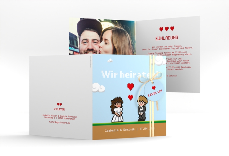 Hochzeitseinladung Pixel quadr. Klappkarte bunt