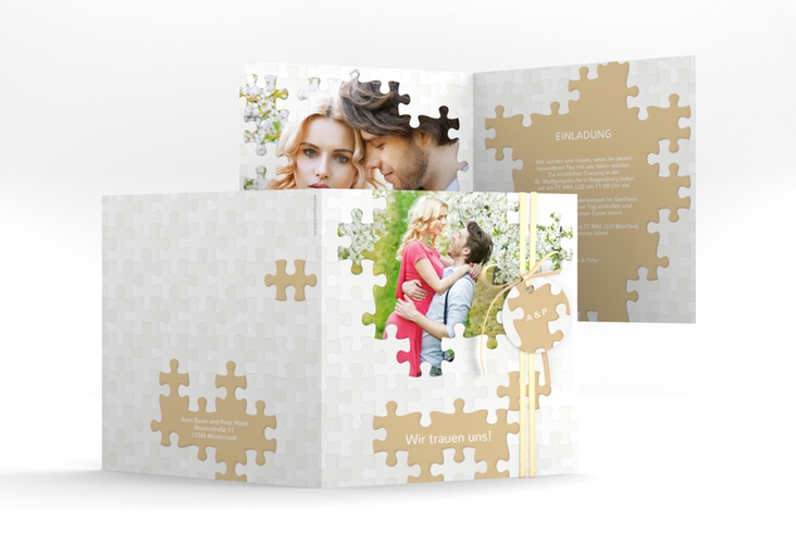 Hochzeitseinladung Puzzle quadr. Klappkarte beige