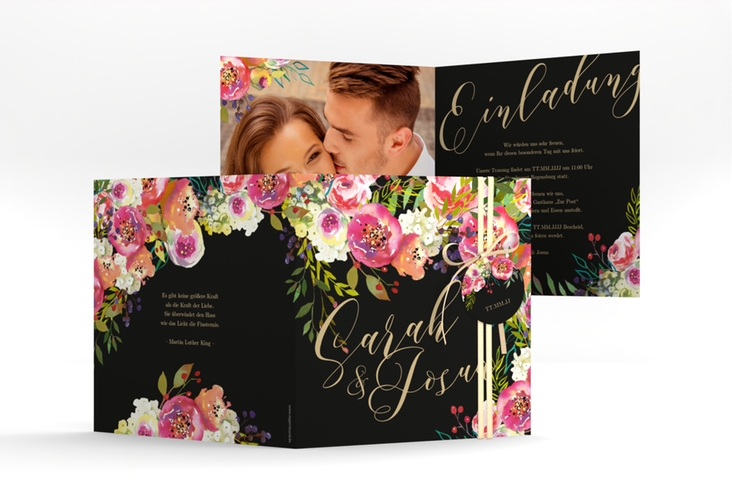 Hochzeitseinladung Flowerbomb quadr. Klappkarte schwarz