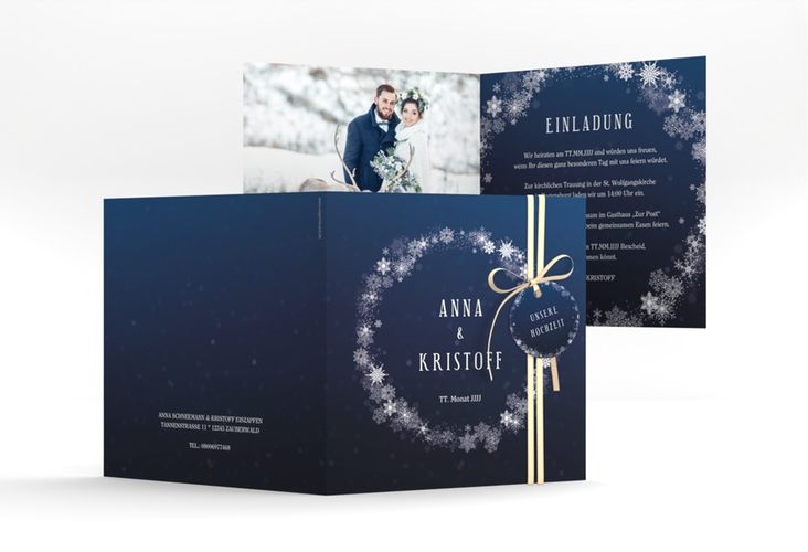 Hochzeitseinladung Winterdream quadr. Klappkarte blau mit Eisblumen