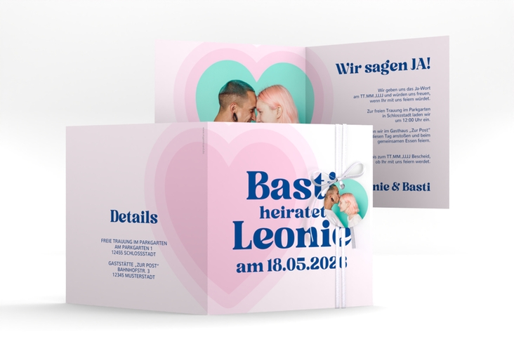 Hochzeitseinladung Retroherz quadr. Klappkarte