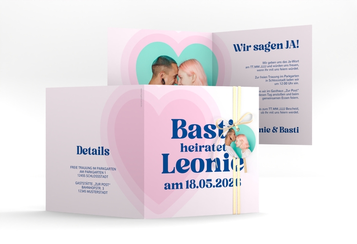 Hochzeitseinladung Retroherz quadr. Klappkarte rosa hochglanz