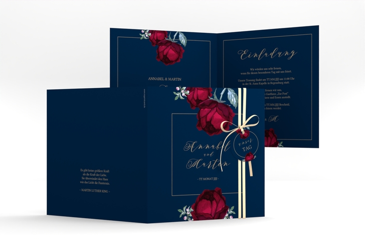 Hochzeitseinladung Peonies quadr. Klappkarte blau elegant mit Pfingstrosen