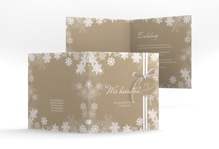 Hochzeitseinladung Snowfall quadr. Klappkarte Kraftpapier mit Schneeflocken für Winterhochzeit