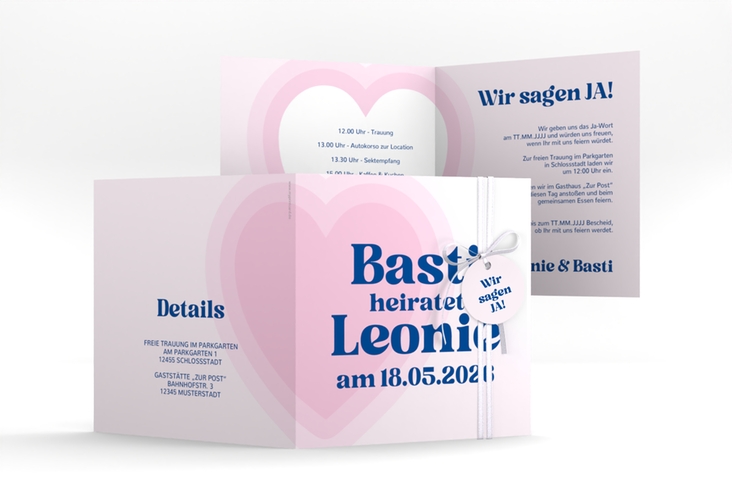 Hochzeitseinladung Retroherz quadr. Klappkarte rosa