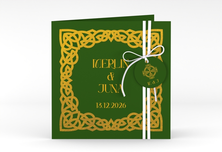 Hochzeitseinladung Celtic quadr. Klappkarte gruen mit keltischem Knoten in irischen Farben