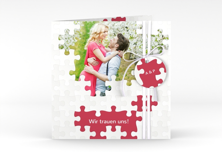 Hochzeitseinladung Puzzle quadr. Klappkarte rot hochglanz