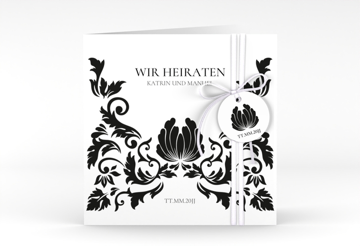 Hochzeitseinladung Royal quadr. Klappkarte weiss mit barockem Blumen-Ornament