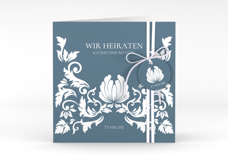 Hochzeitseinladung Royal quadr. Klappkarte blau hochglanz mit barockem Blumen-Ornament