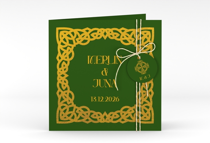 Hochzeitseinladung Celtic quadr. Klappkarte gruen mit keltischem Knoten in irischen Farben