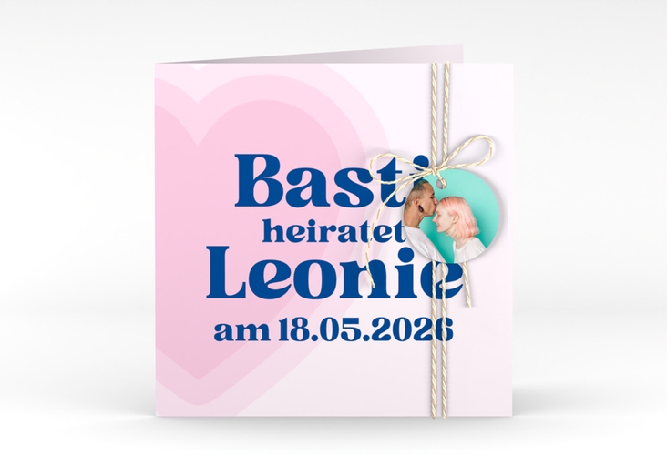 Hochzeitseinladung Retroherz quadr. Klappkarte rosa hochglanz