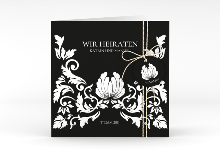 Hochzeitseinladung Royal quadr. Klappkarte schwarz mit barockem Blumen-Ornament