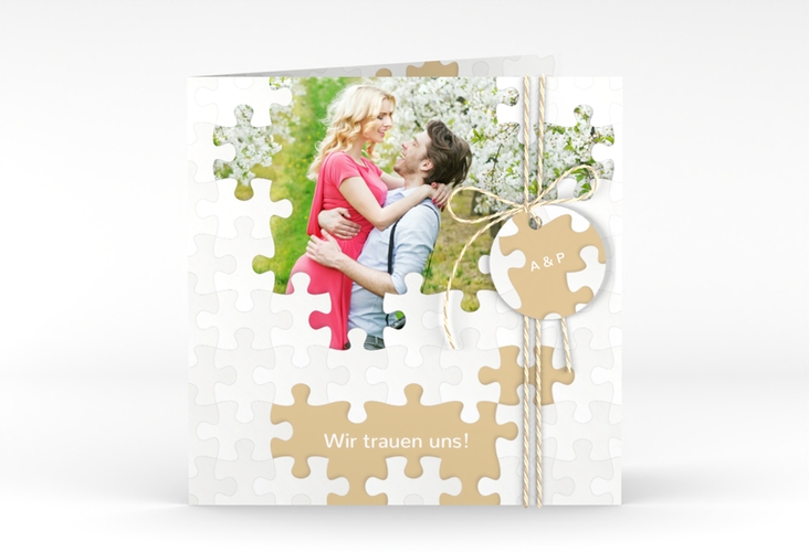 Hochzeitseinladung Puzzle quadr. Klappkarte beige