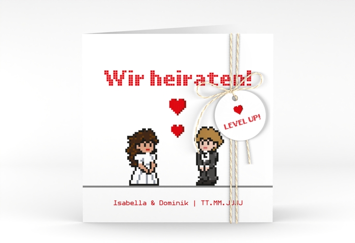 Hochzeitseinladung Pixel quadr. Klappkarte weiss hochglanz