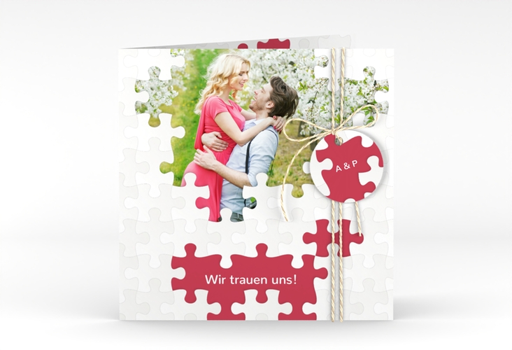 Hochzeitseinladung Puzzle quadr. Klappkarte rot hochglanz