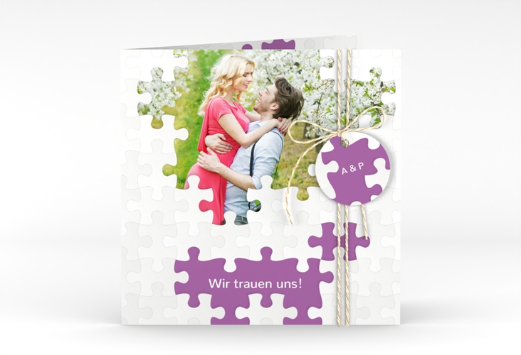 Hochzeitseinladung Puzzle quadr. Klappkarte lila hochglanz