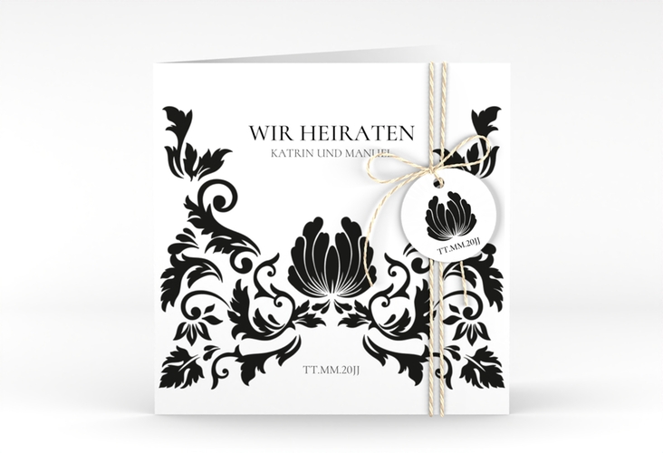 Hochzeitseinladung Royal quadr. Klappkarte weiss mit barockem Blumen-Ornament