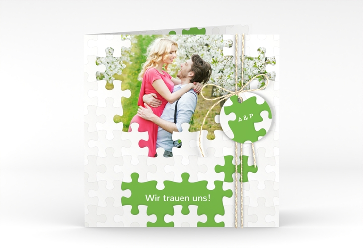 Hochzeitseinladung Puzzle quadr. Klappkarte gruen