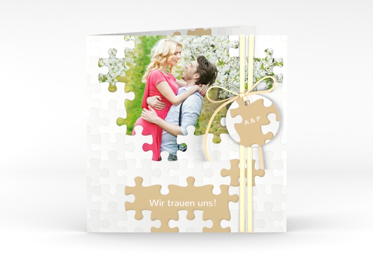 Hochzeitseinladung Puzzle quadr. Klappkarte beige