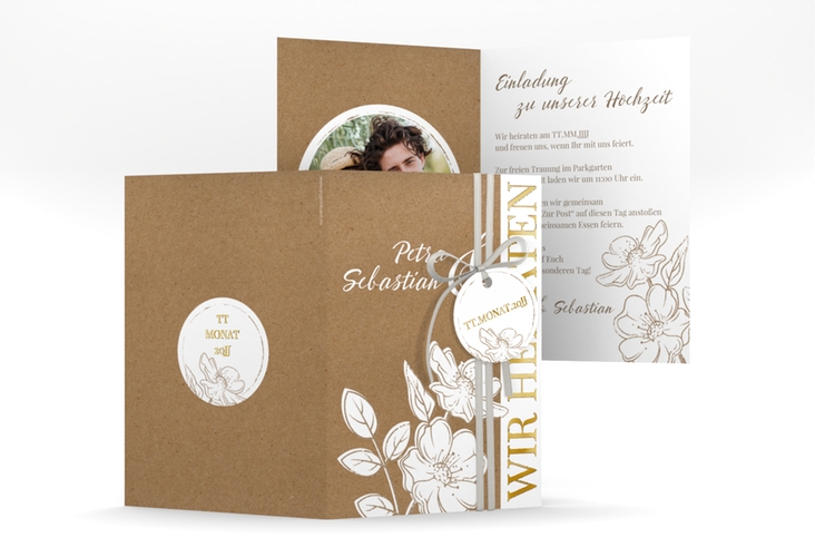 Einladungskarte Hochzeit Windflower A6 Klappkarte hoch Kraftpapier gold mit Wildrosen