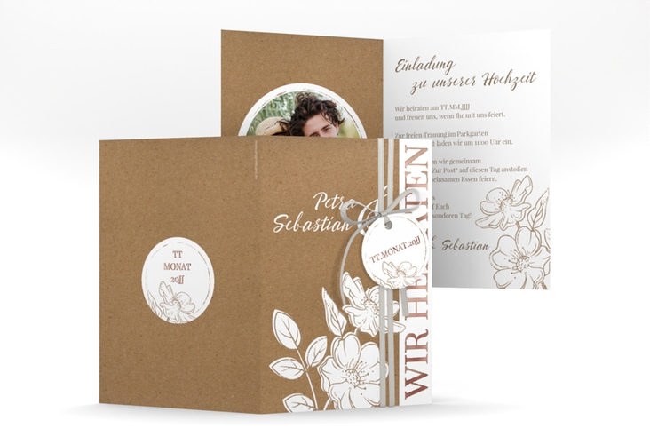 Einladungskarte Hochzeit Windflower A6 Klappkarte hoch Kraftpapier rosegold mit Wildrosen