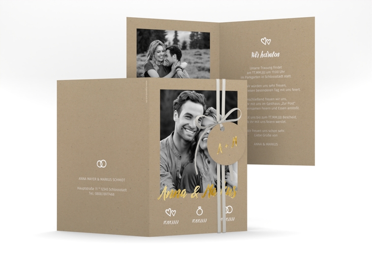 Einladungskarte Hochzeit Icons A6 Klappkarte hoch Kraftpapier gold im Kraftpapier-Look mit Foto