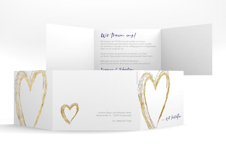 Hochzeitseinladung Liebe A6 Doppel-Klappkarte blau gold