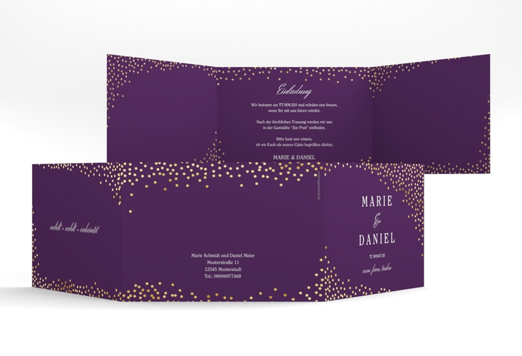 Hochzeitseinladung Glitter A6 Doppel-Klappkarte lila gold