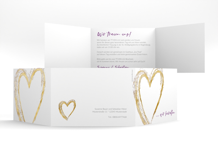 Hochzeitseinladung Liebe A6 Doppel-Klappkarte lila gold