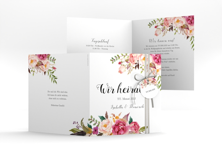 Hochzeitseinladung Flowers quadr. Klappkarte weiss mit bunten Aquarell-Blumen