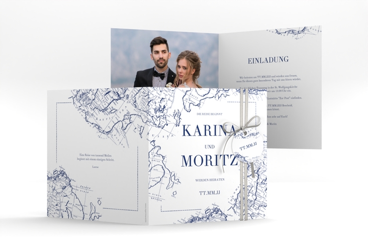 Hochzeitseinladung Voyage quadr. Klappkarte blau