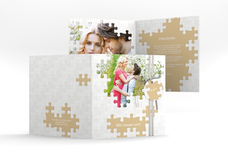 Hochzeitseinladung Puzzle quadr. Klappkarte beige