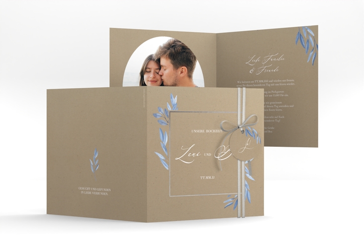 Hochzeitseinladung Classicblue quadr. Klappkarte Kraftpapier