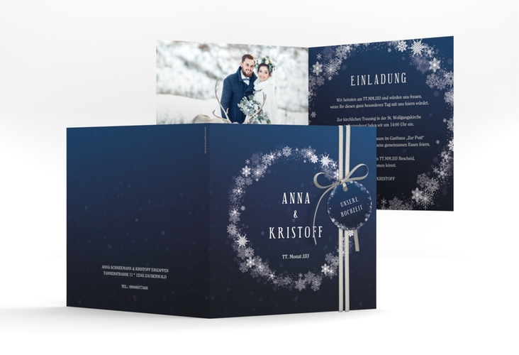 Hochzeitseinladung Winterdream quadr. Klappkarte blau mit Eisblumen