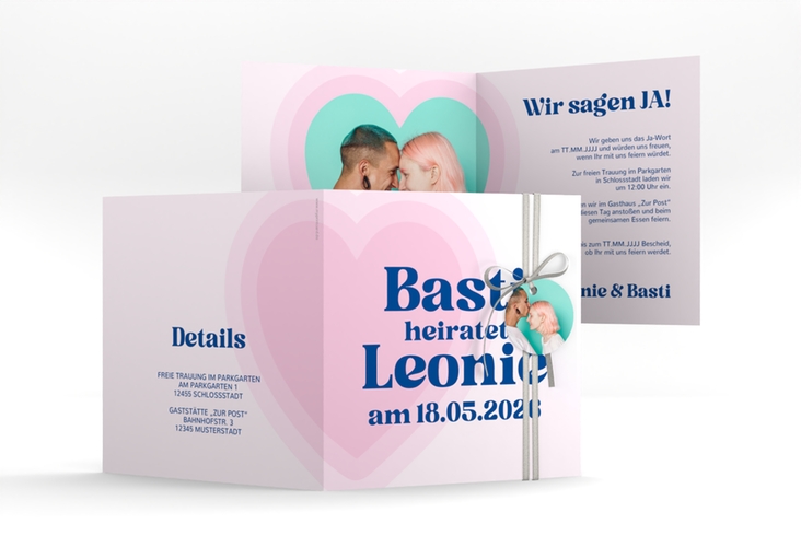 Hochzeitseinladung Retroherz quadr. Klappkarte