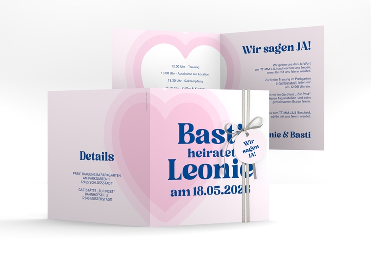 Hochzeitseinladung Retroherz quadr. Klappkarte rosa