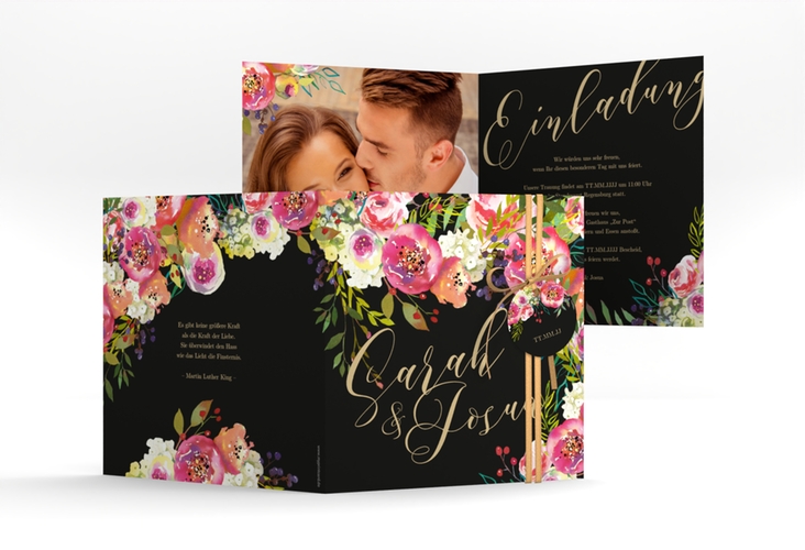 Hochzeitseinladung Flowerbomb quadr. Klappkarte schwarz