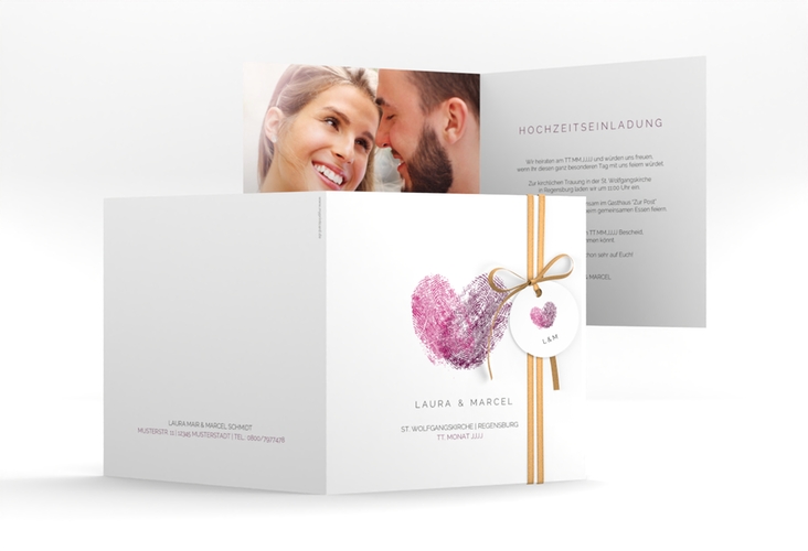 Hochzeitseinladung Fingerprint quadr. Klappkarte pink schlicht mit Fingerabdruck-Motiv